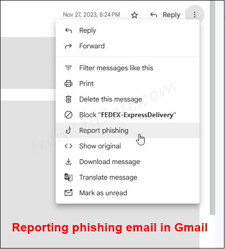 Reporting a phishing email in Gmail